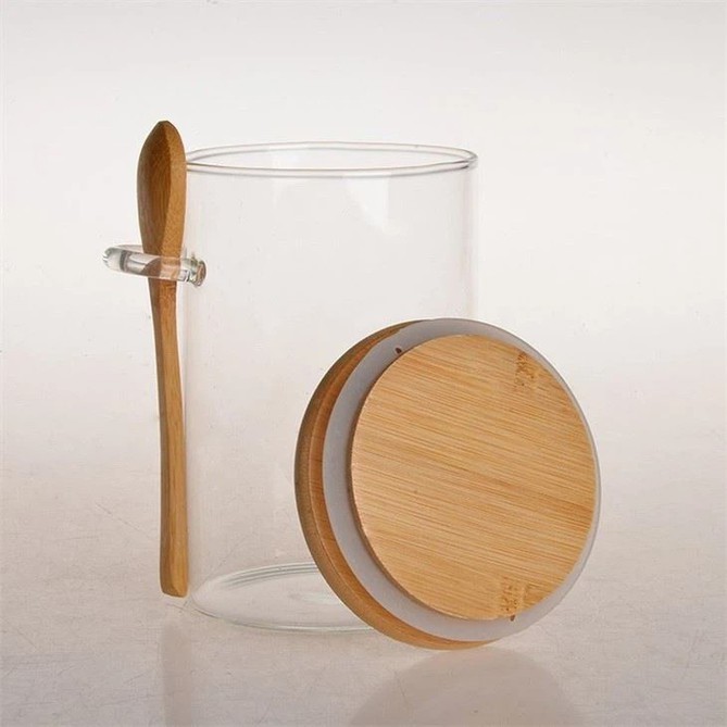 Glass Jars with Bamboo Lids Spoons 4 Glass Jars with Bamboo Lids Spoons 4