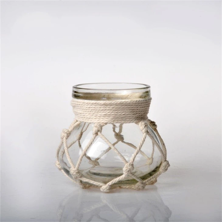 Mini Glass Tea Light Holders Light Color Rope Braid