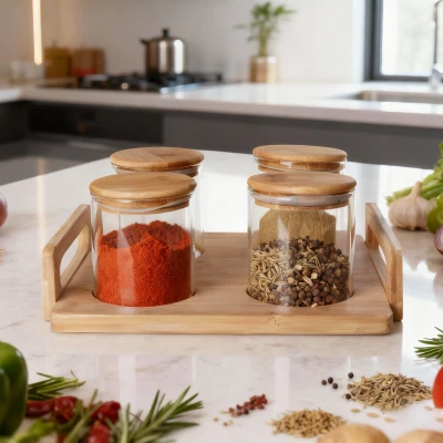 4-częściowy okrągły szklany pojemnik do przechowywania z drewnianą tacą